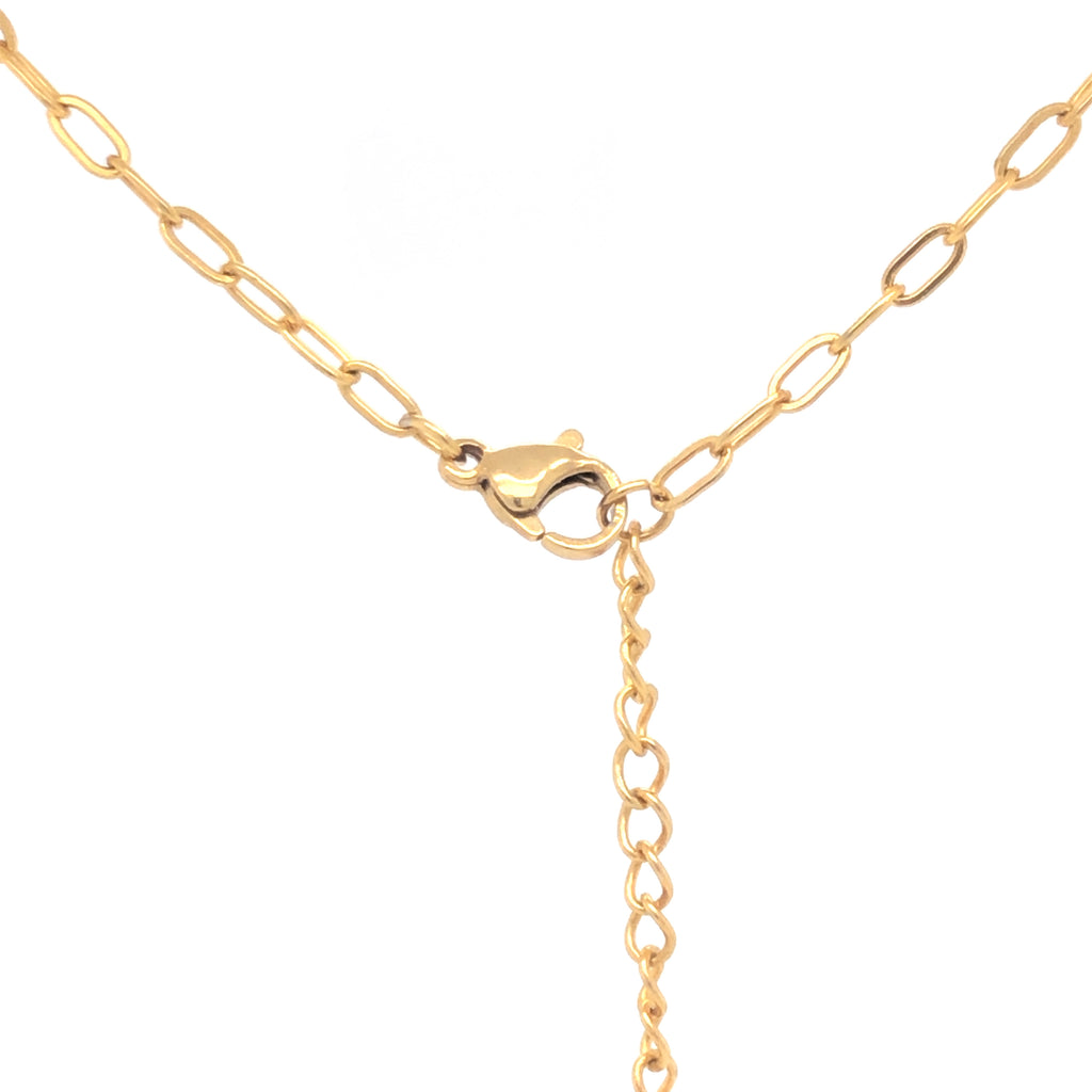 Gold Steel Pearl Cross Oval Necklace