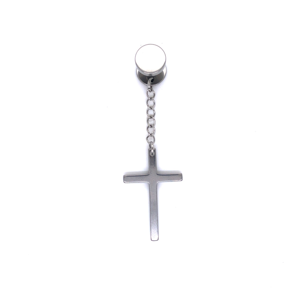 Double Flat Steel Buckler Piercing With Chain And Cross Pendant For Man