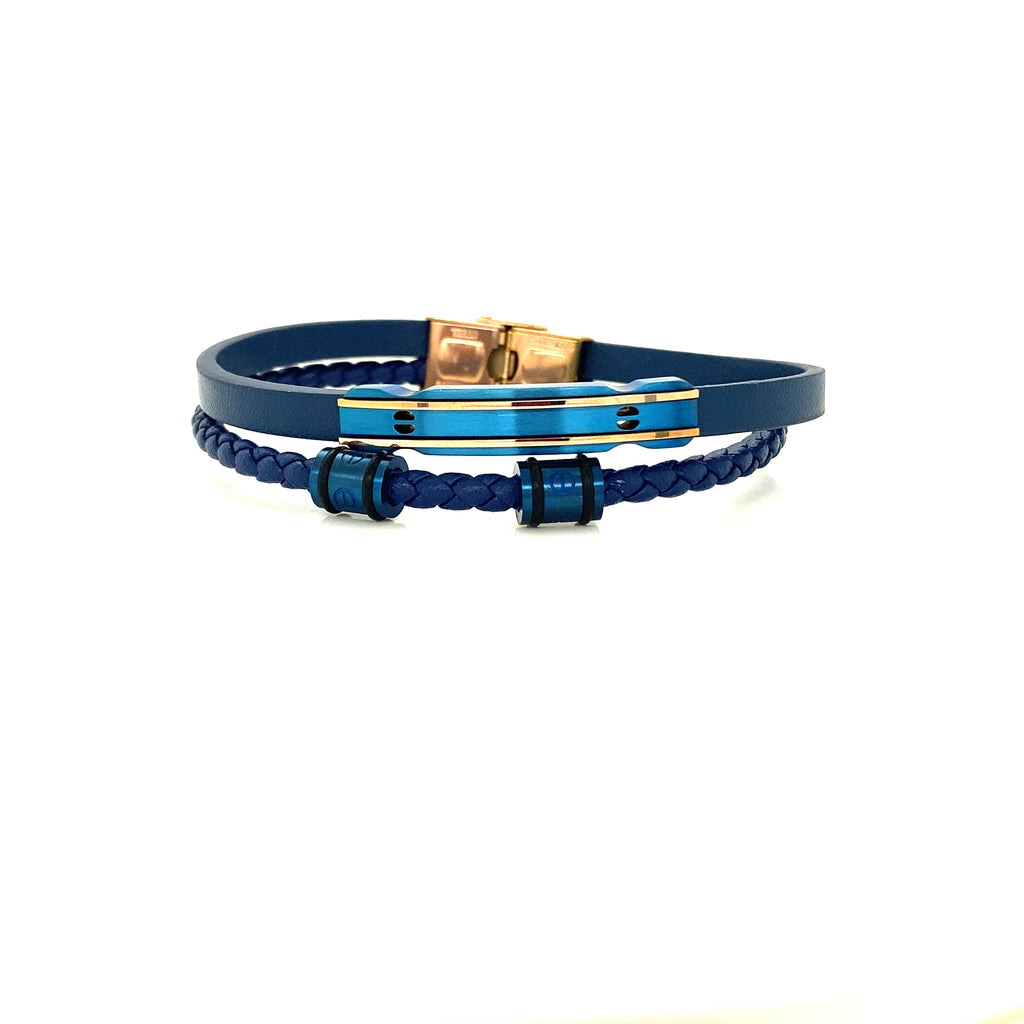 Men's Double Steel Bracelet, Blue Leather and Bronze