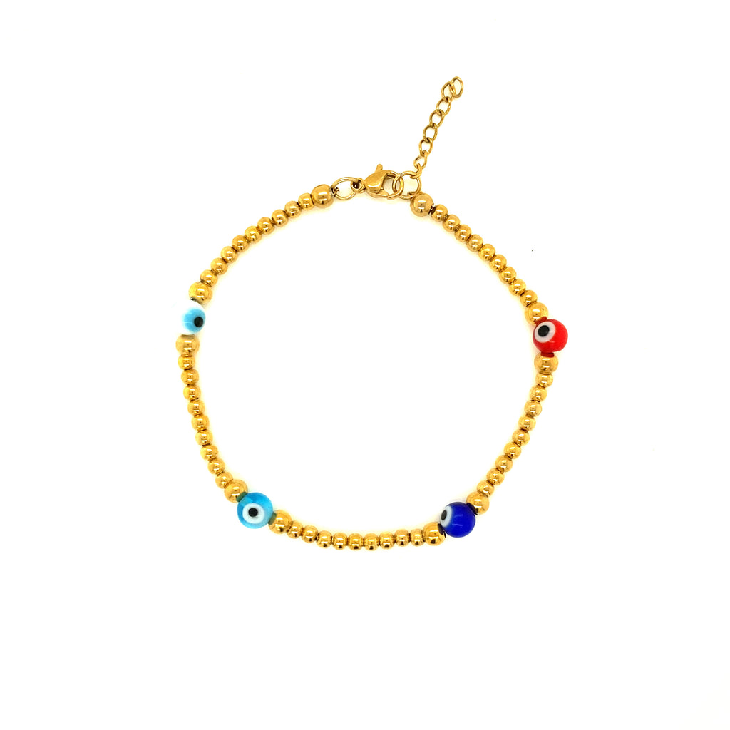 Steel Bracelet With Golden Balls and 4 Little Colored Eyes