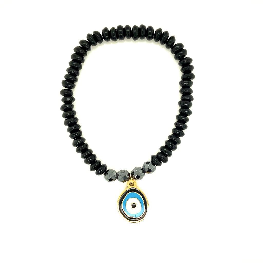 Pulsera Hombre Acero Bolitas Negras Y Ojo Turco