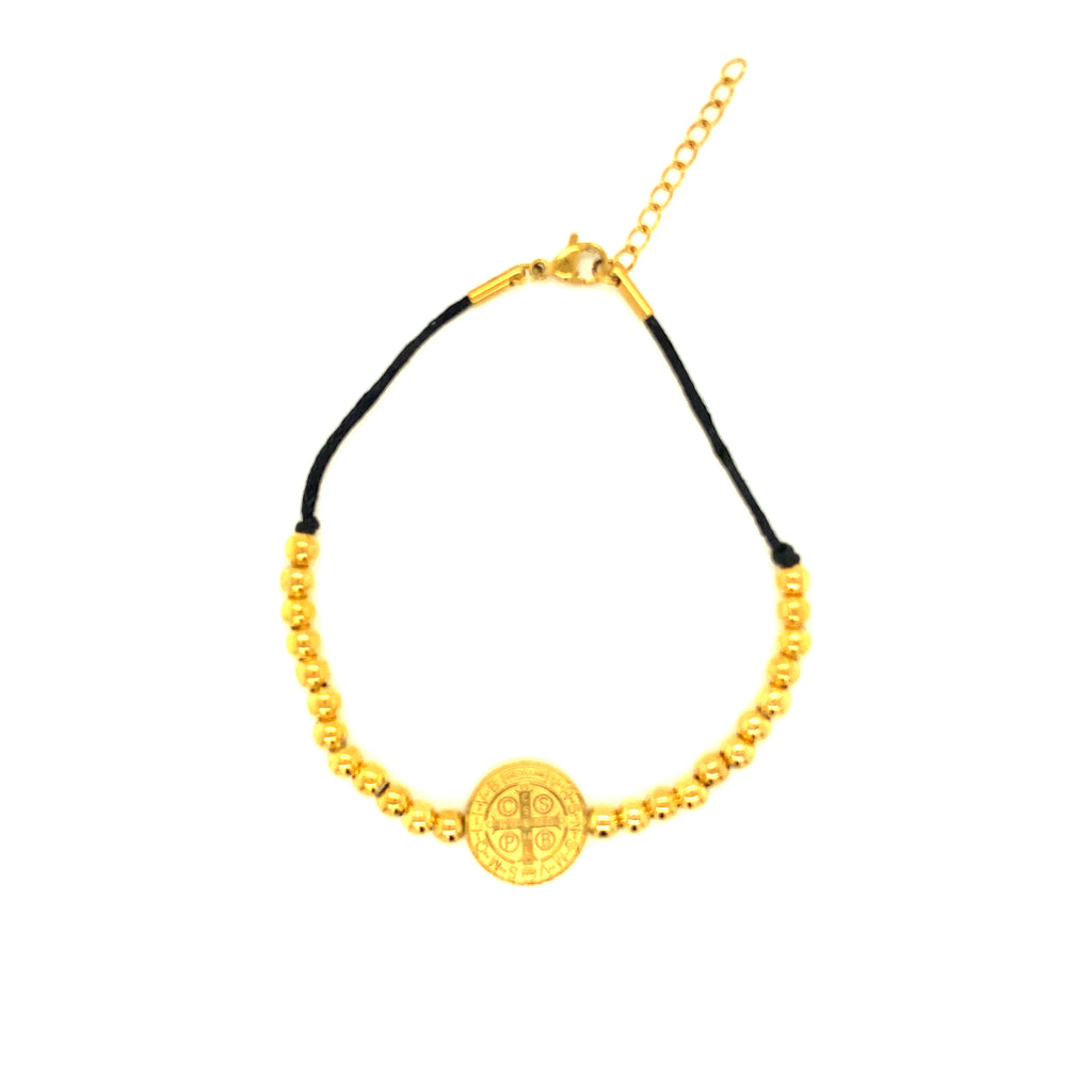 Brazalete Acero San Benito Y Bolas Doradas Con Hilo Negro