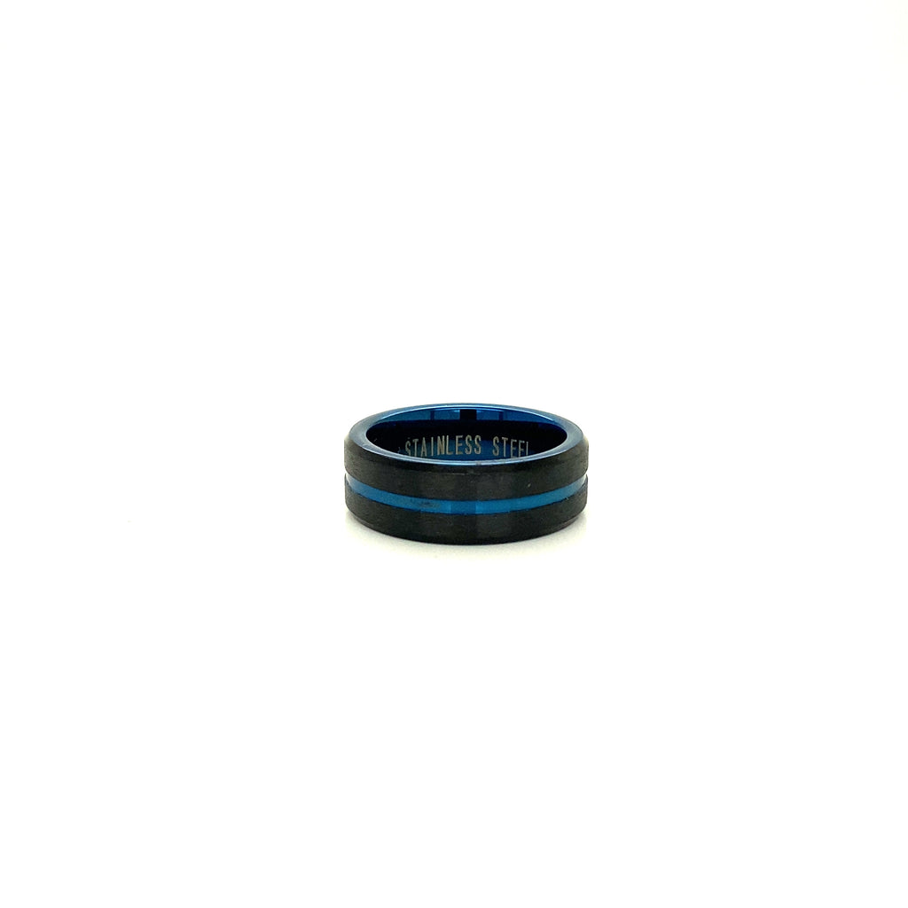 Anillo Hombre Acero Negro Con Linea Azul