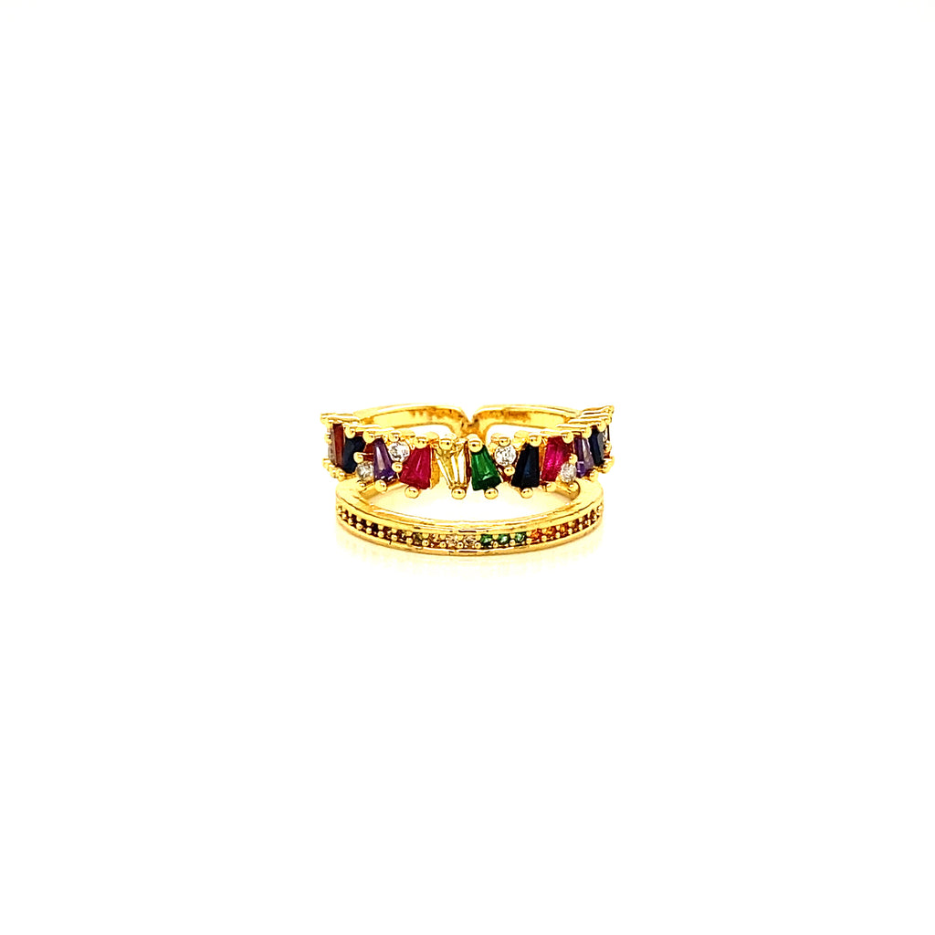 Steel Ring Double Crystals Multi Gold
