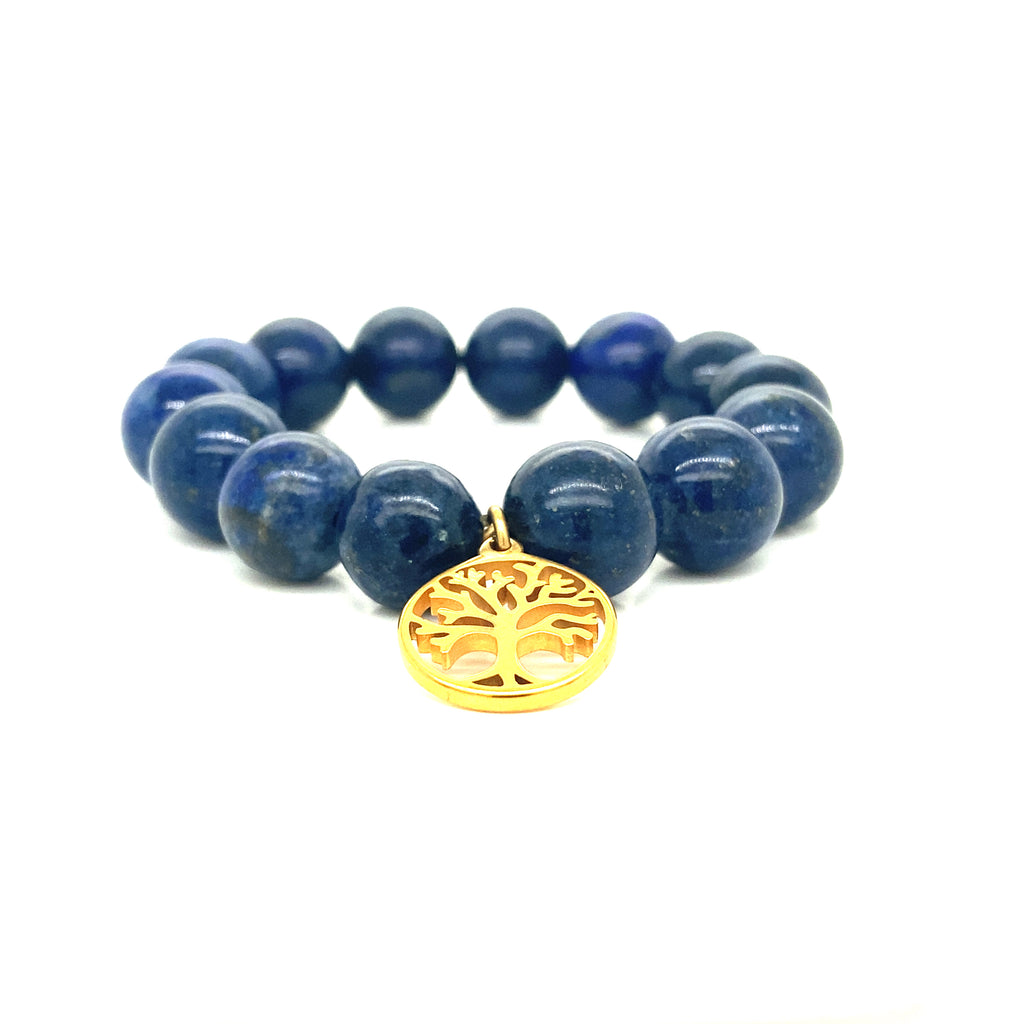 Gold Plated Bracelet Lapis Lazuli Balls And Tree Charm