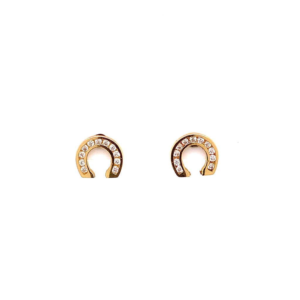 14K Gold Horseshoe Post Earrings With Zirconias