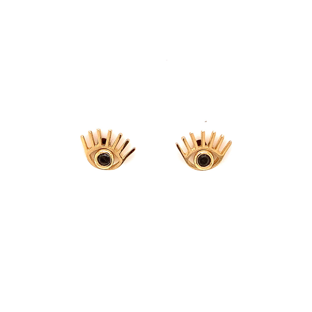 14K Gold Ojito Post Earrings With Zirconia And Eyelashes