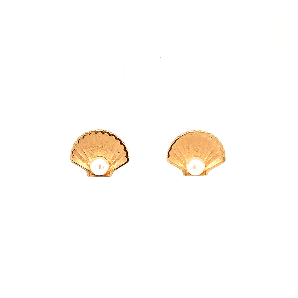 Aretes Poste Oro 14k Concha De Mar Con Perla 1.8gr