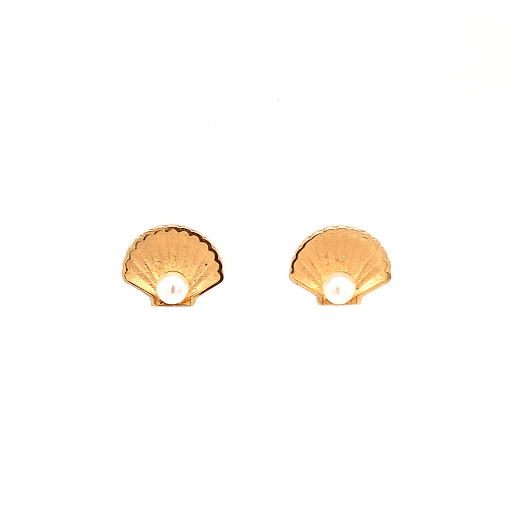 14k Gold Post Earrings Sea Shell With Pearl 1.8gr