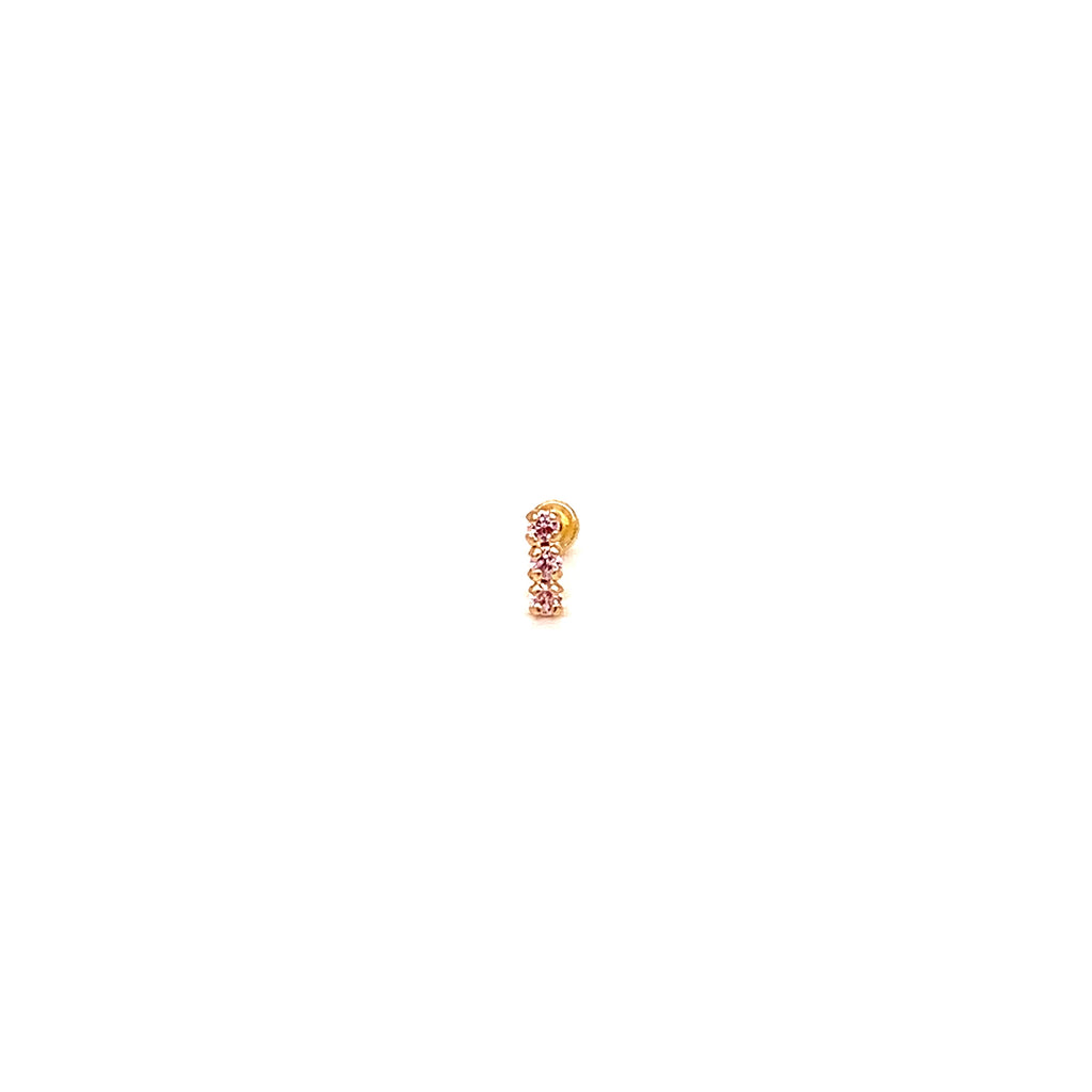 Piercing Broquel Oro 10K Línea Tres Zirconias Rosa Pastel
