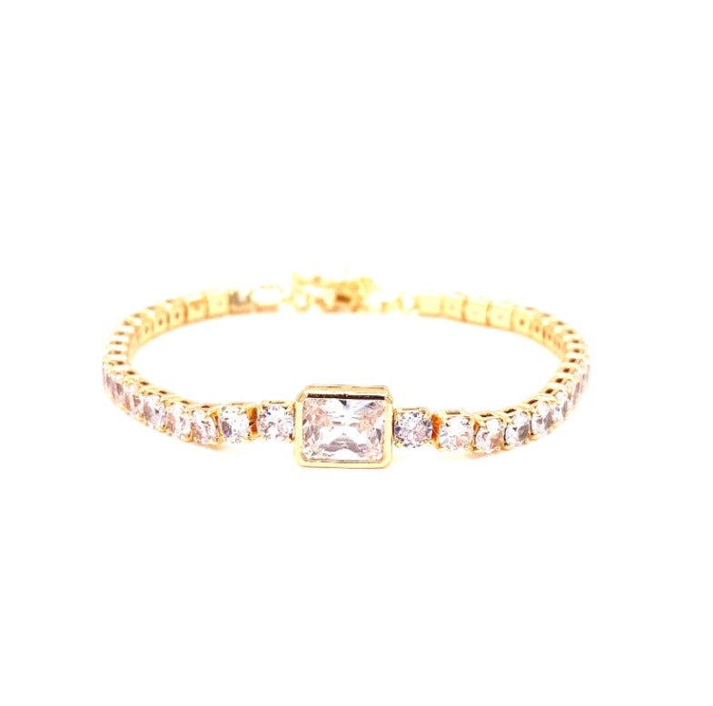 Pulsera Chapa De Oro Con Varias Zirconias Blancas Cuadradas