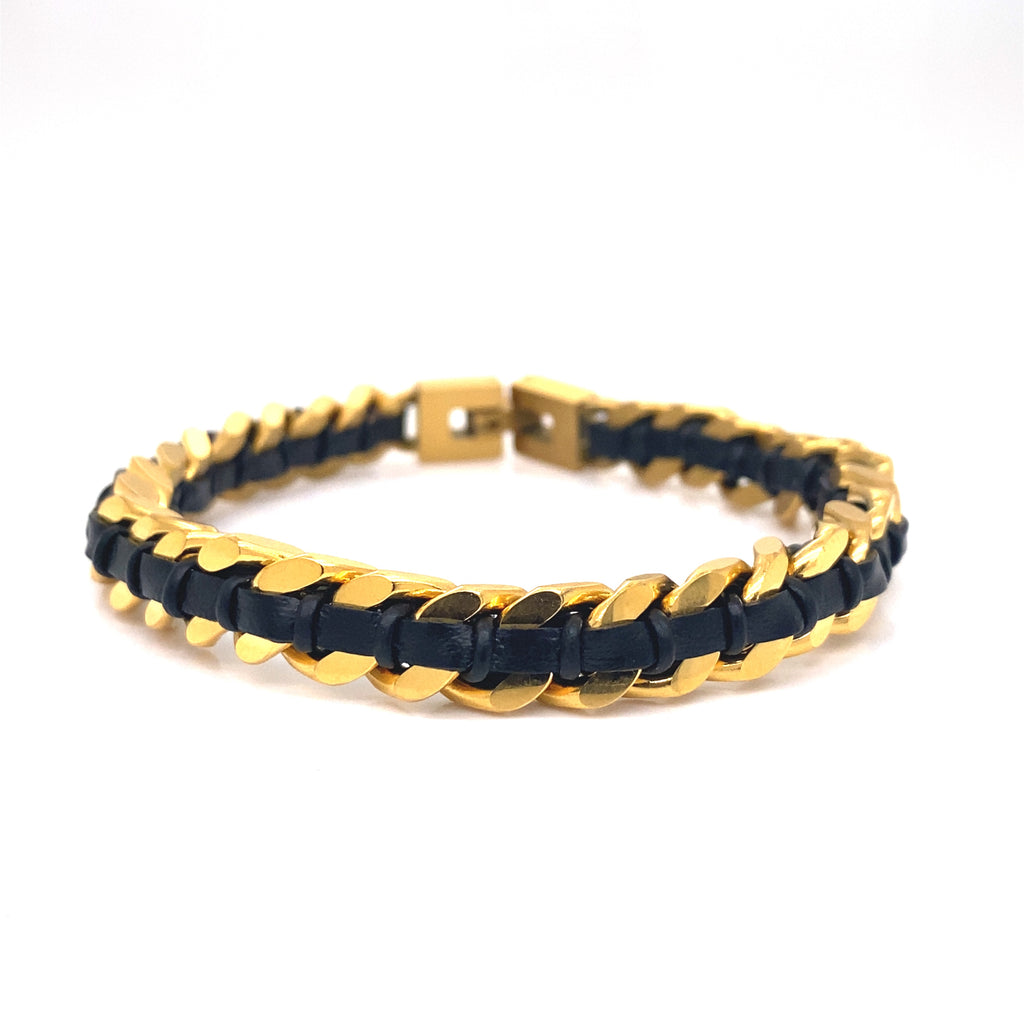 Pulsera Acero Plateada/Dorada Hombre Eslabones Con Piel Enlazada