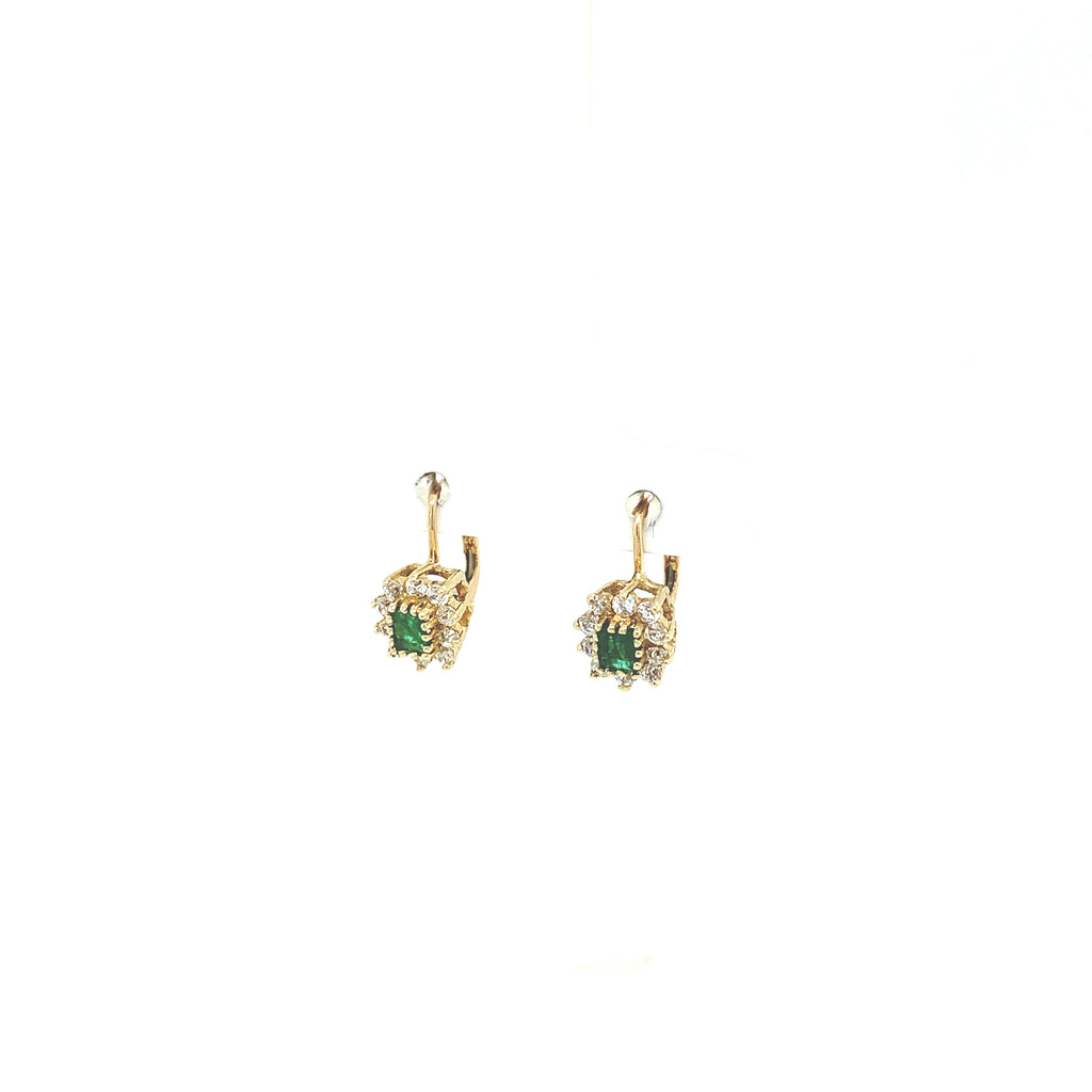Aretes Vintage Oro 10K Esmeraldas Corte rectanglar con Halo Zirconias