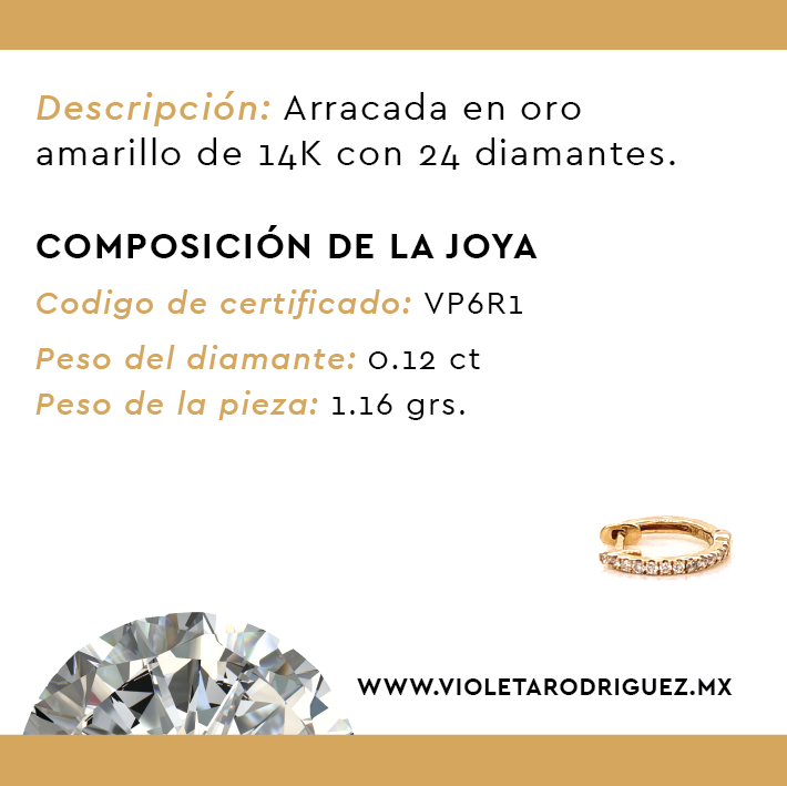 14K Gold Arracada Piercing With 12 Diamonds .06ct