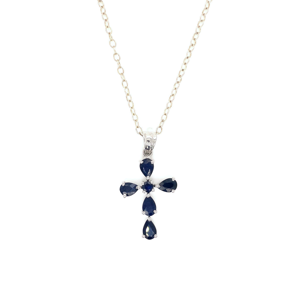 Silver Cross Necklace with Sapphires