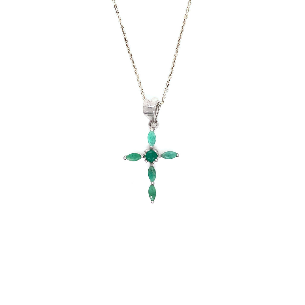 Silver Cross Necklace with Emeralds