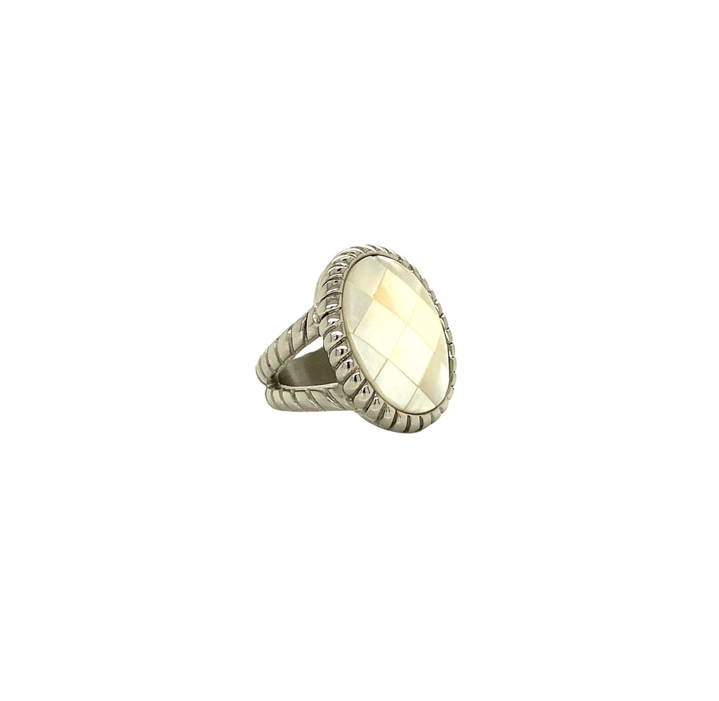 Anillo Liquidación Acero Grande Madre Perla Facetado