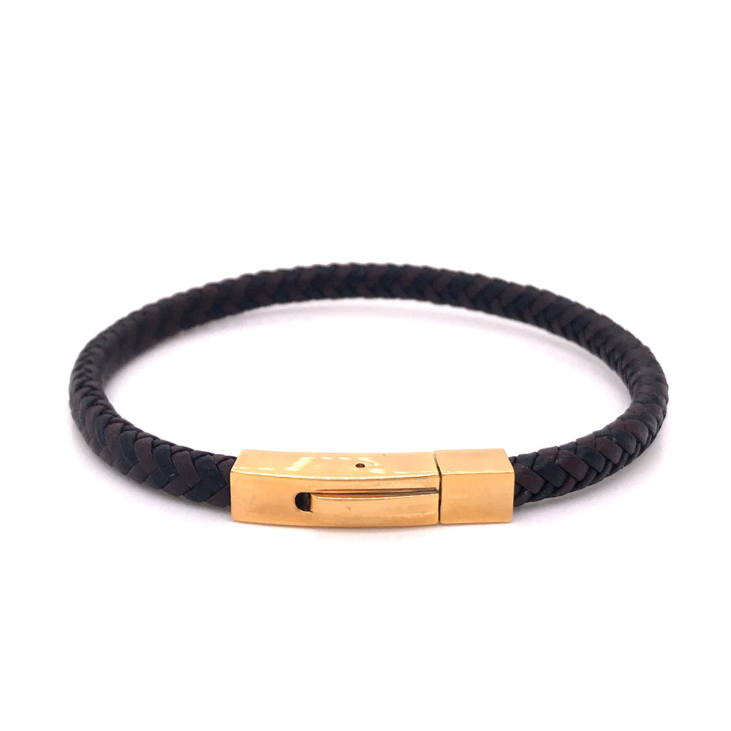 Brown / Black Woven Leather Bracelet With Steel Clasp