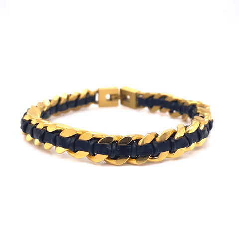 Pulsera Acero Plateada/Dorada Hombre Eslabones Con Piel Enlazada