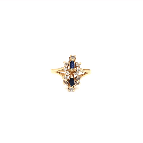 Anillo Vintage Oro 10K 2 Zafiros Corte Marquise con 12 Zirconia
