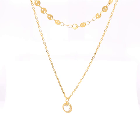 Double Steel Necklace Coins and Beveled Zirconia Charm