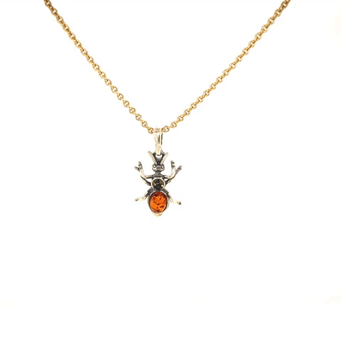 Steel Necklace Pendant Silver Spider With Amber