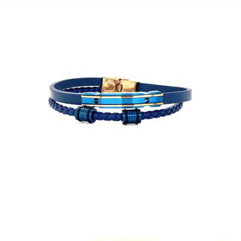 Men's Double Steel Bracelet, Blue Leather and Bronze