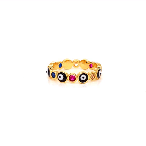 Anillo Acero Ojito Cristal Multi Dorado