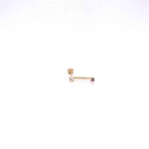 10K Gold Bar Piercing With 2 Zirconias On The Sides