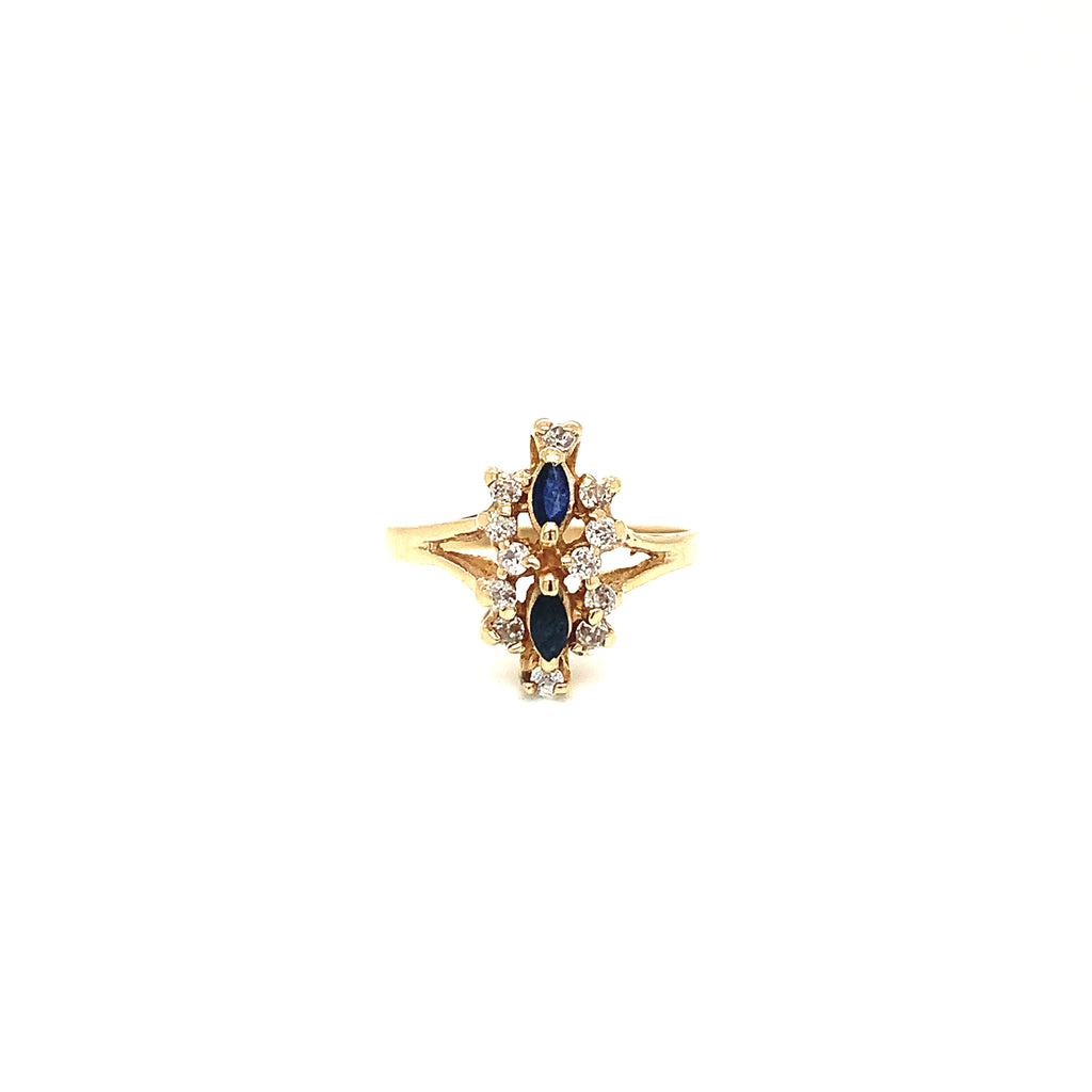 Anillo Vintage Oro 10K 2 Zafiros Corte Marquise con 12 Zirconia