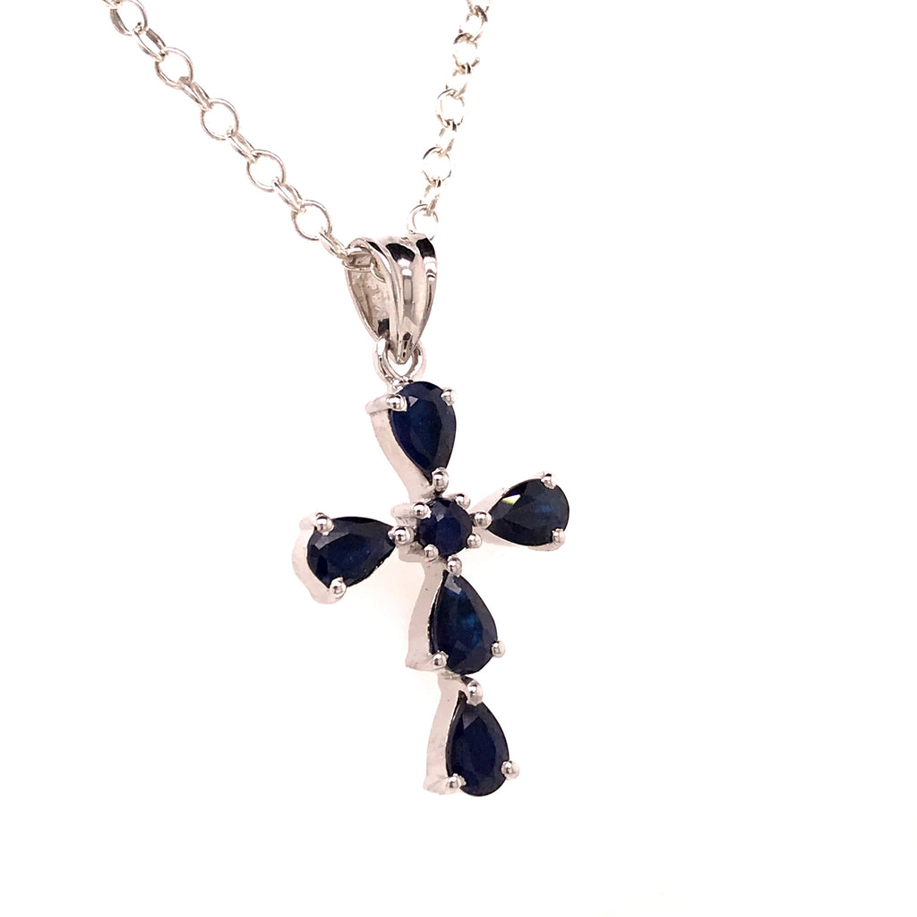 Silver Cross Necklace with Sapphires