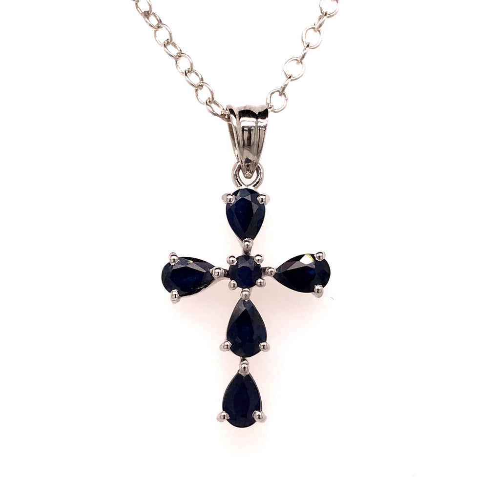 Silver Cross Necklace with Sapphires