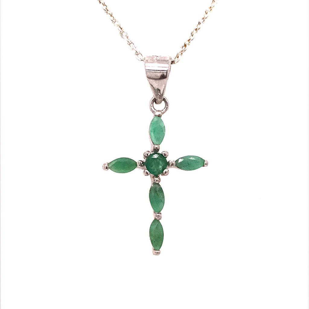 Silver Cross Necklace with Emeralds